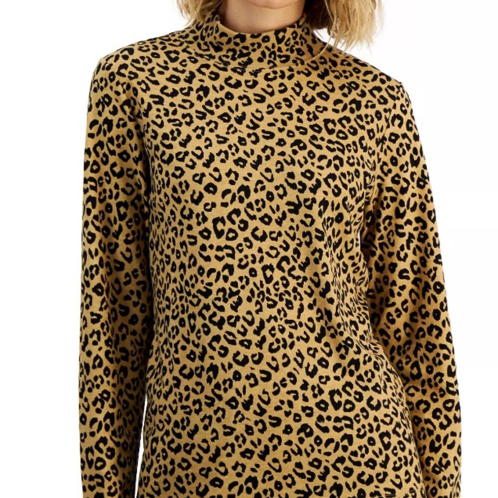 NWOT * KAREN SCOTT Animal Print Mock Neck Top 60% cotton Size Small